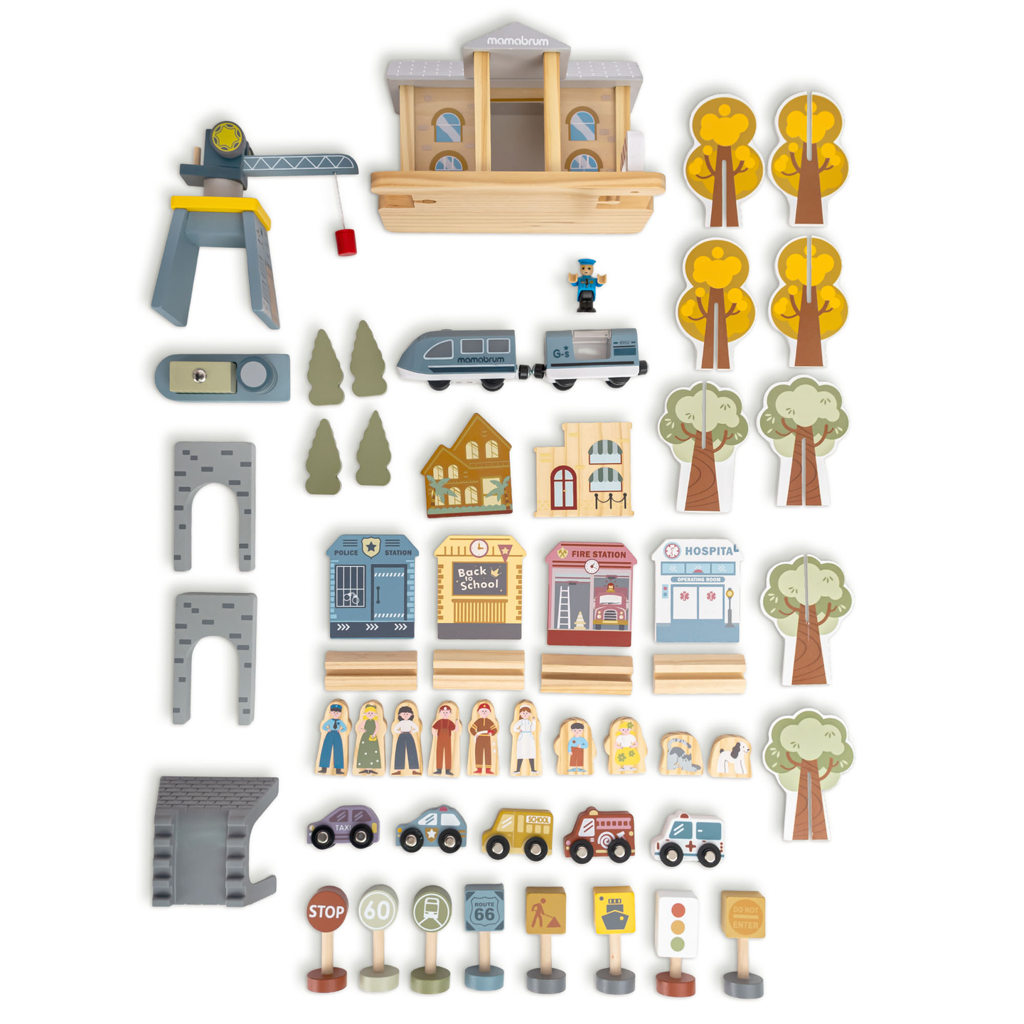 Cale ferată urbană din lemn cu tren electric - macara în mișcare, navă, poduri