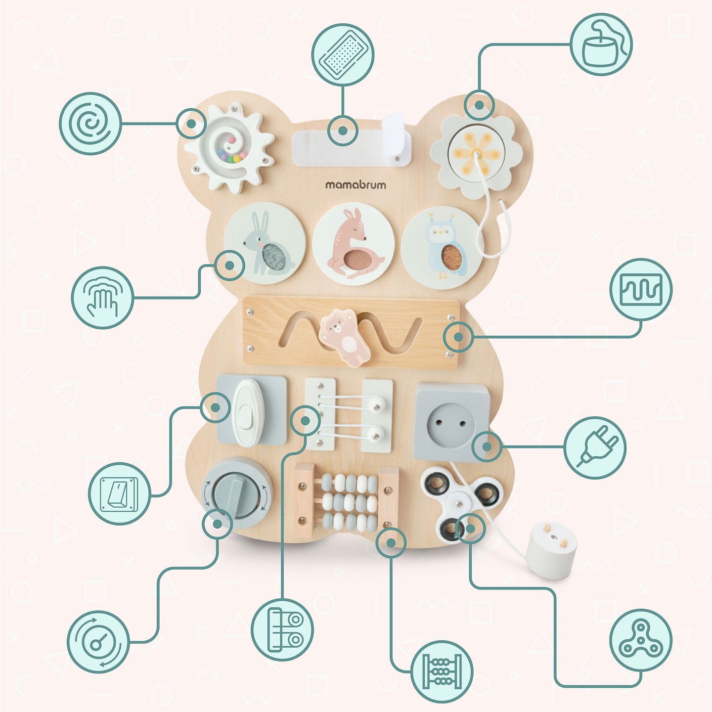 Tablă manipulativă Montessori din lemn - învățare senzorială a independenței: Velcro, dop, labirint, buton cu clic