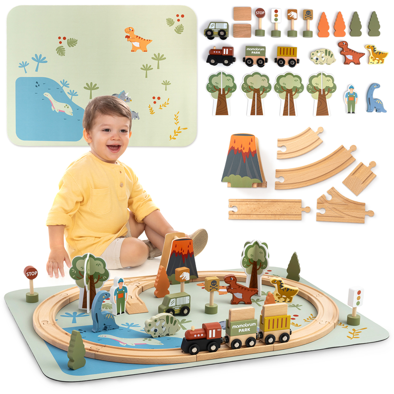 Trenuleț din lemn Dino Park cu covoraș antiderapant - dinozauri, tren, șine, vulcan, clopot