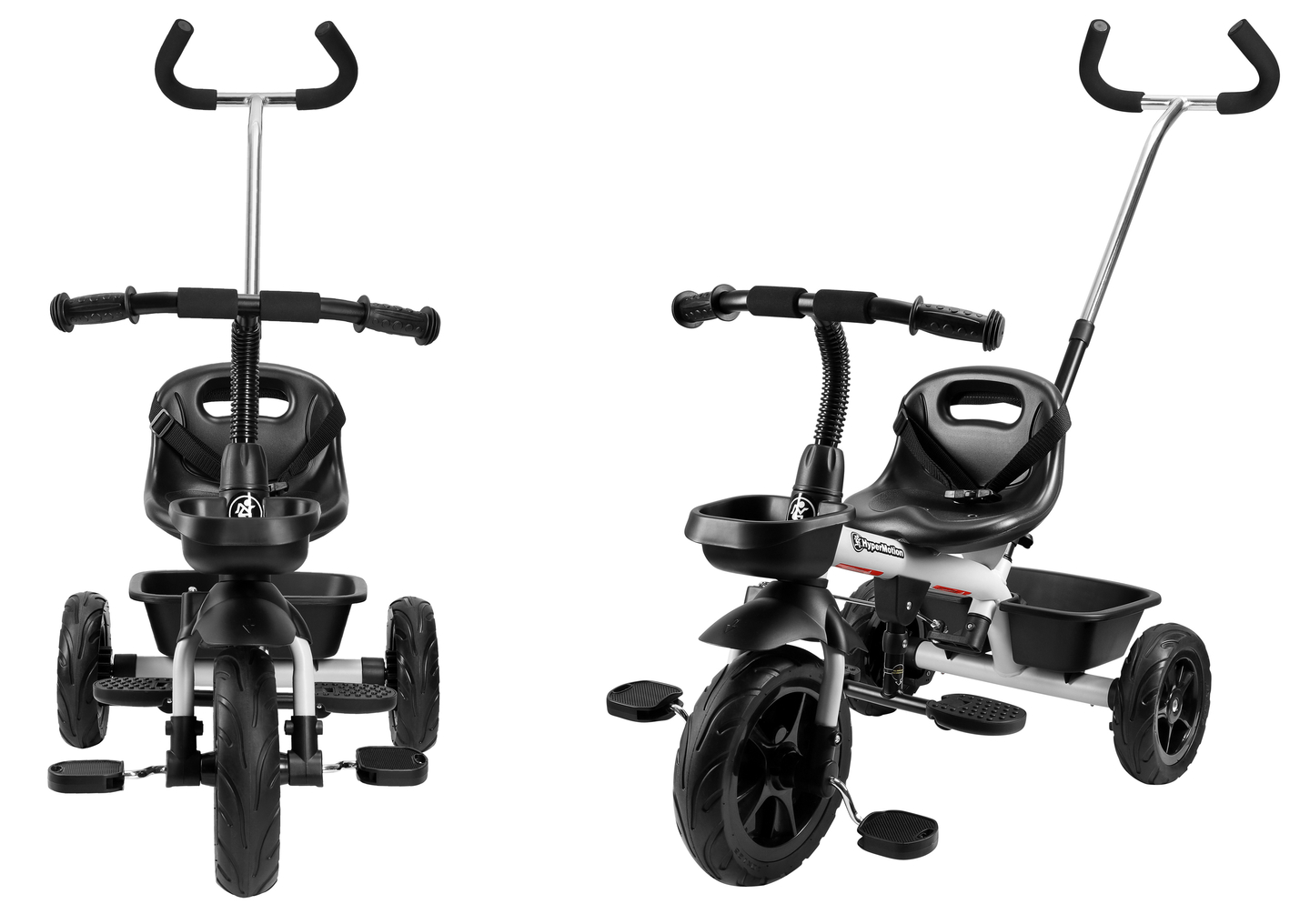 Tricicleta HyperMotion TOBI VECTOR - roți gonflabile veșnice + bară de împingere. Culoare: gri deschis.