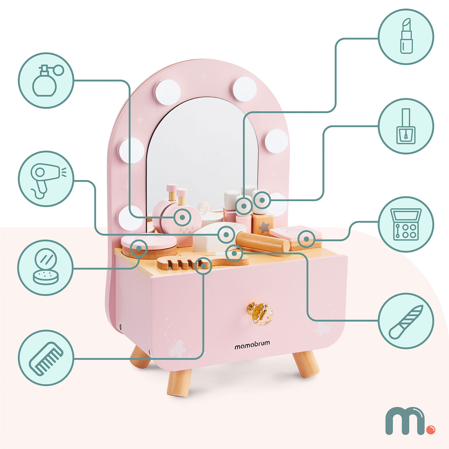 Masă de toaletă mini din lemn pentru copii cu accesorii și iluminare LED cu reglare lină a luminozității