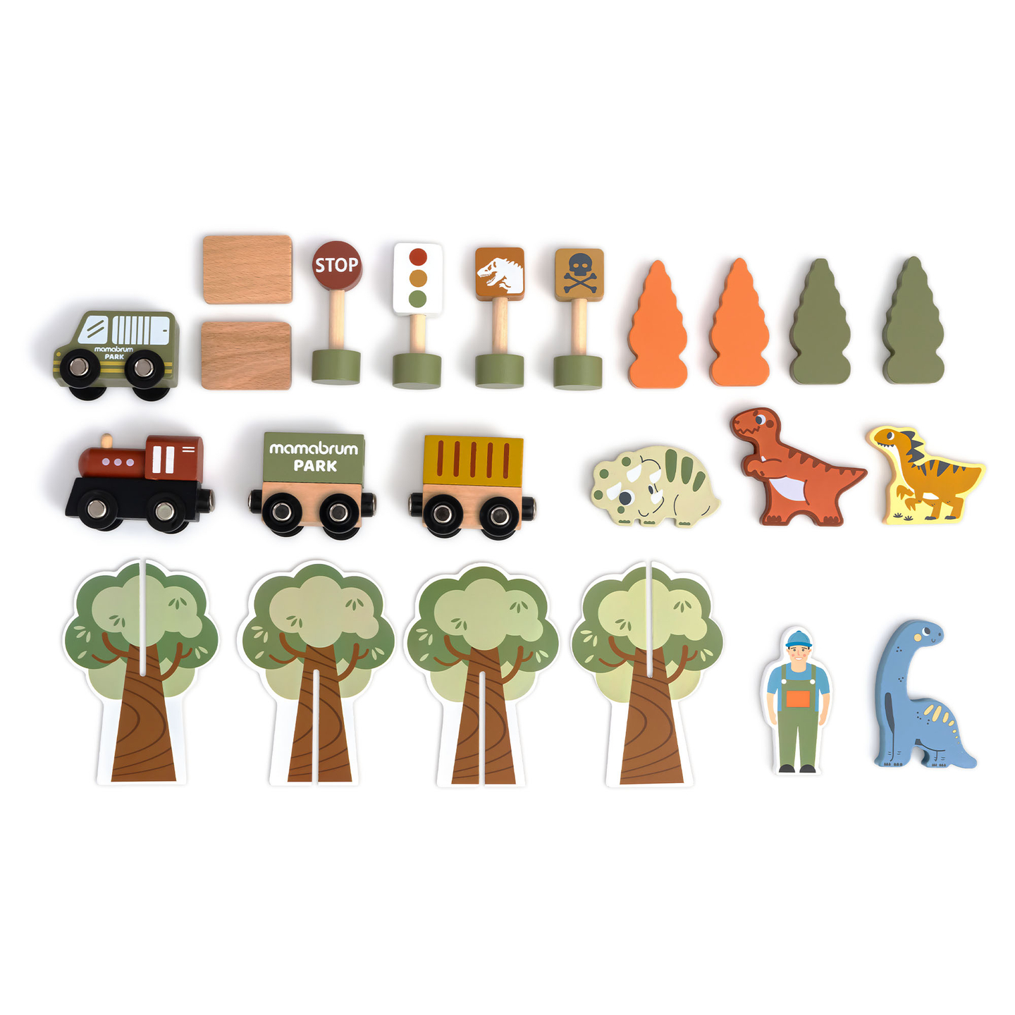 Trenuleț din lemn Dino Park cu covoraș antiderapant - dinozauri, tren, șine, vulcan, clopot