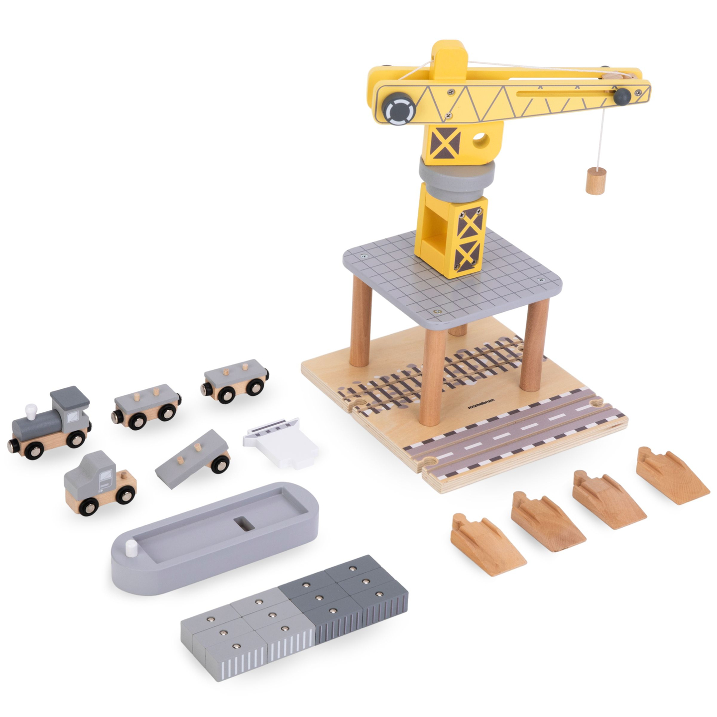 Macara portuară mobilă cu troliu magnetic și accesorii - set din lemn