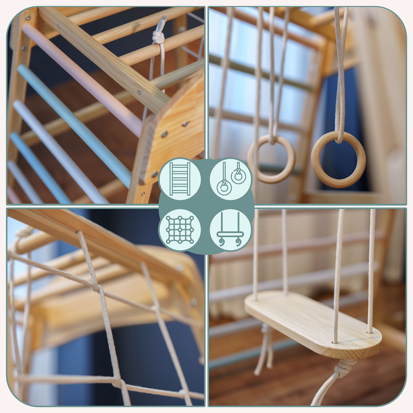 Loc de joacă interior din lemn cu leagăn, inele de gimnastică și plasă de cățărat