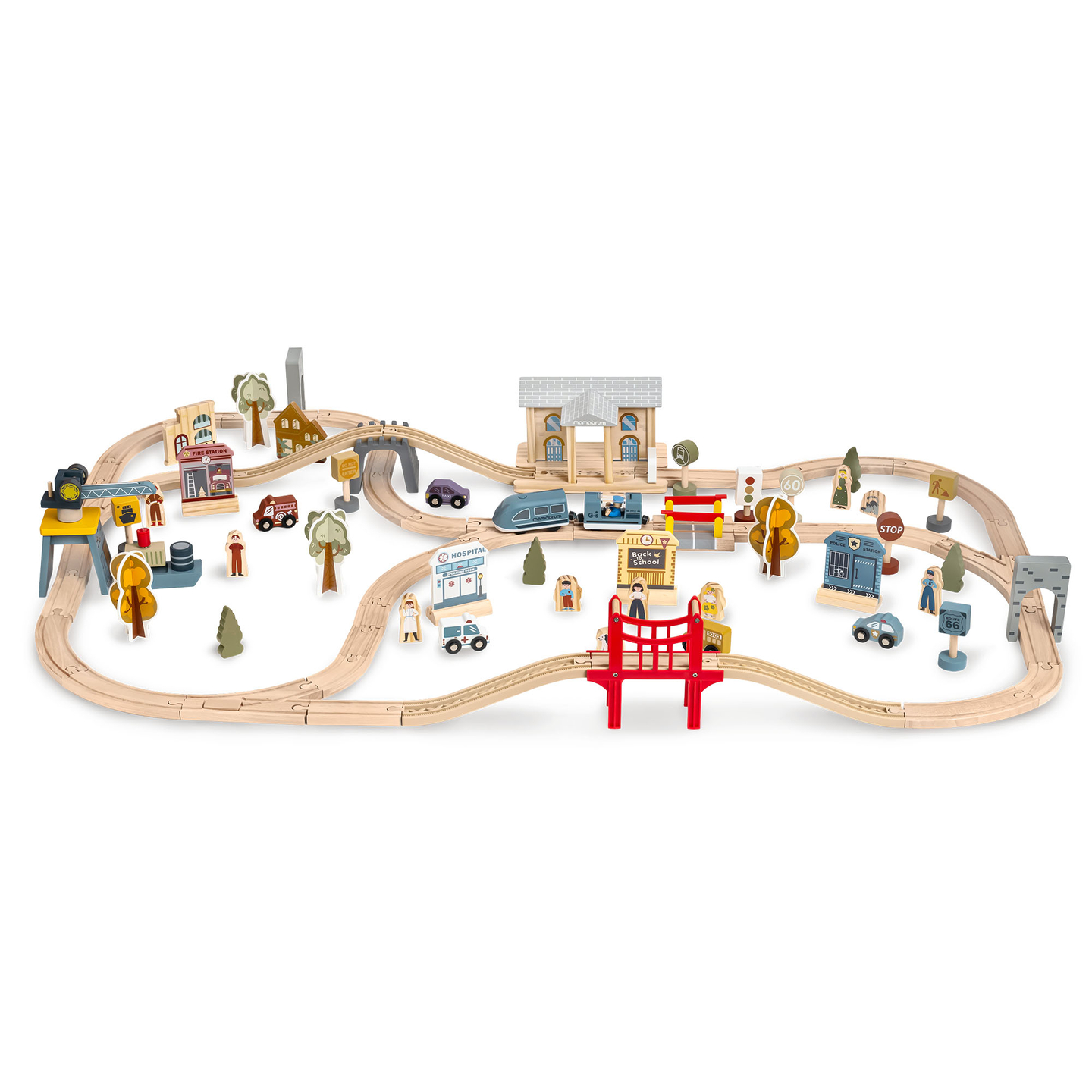 Cale ferată urbană din lemn cu tren electric - macara în mișcare, navă, poduri