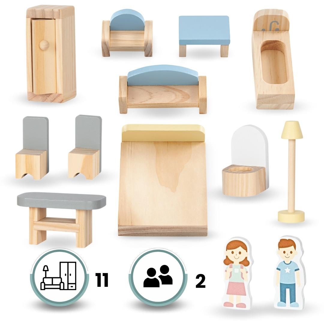 Casă albă din lemn pentru păpuși cu terasă și accesorii