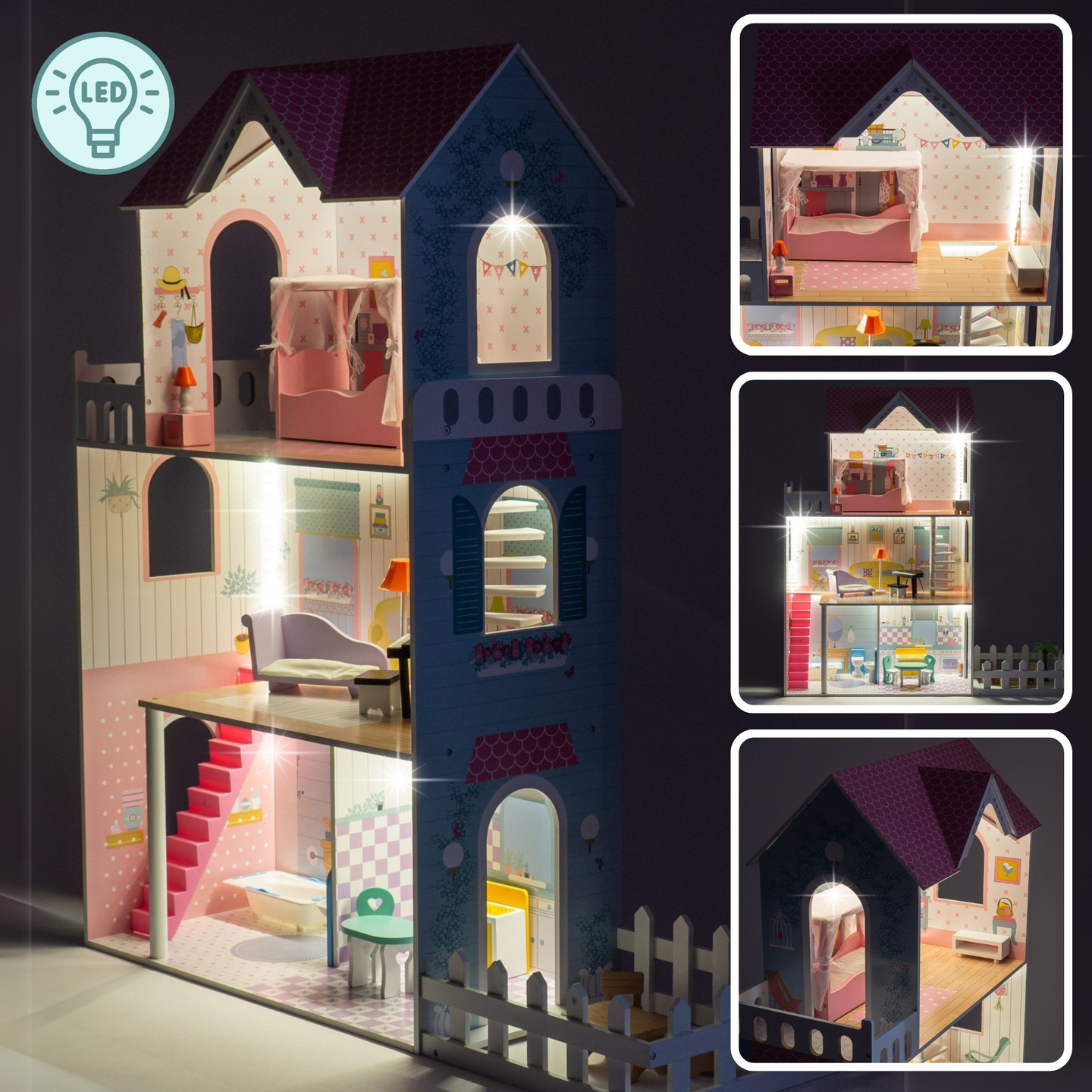 XXL Cea mai mare casă de păpuși din lemn - 123 cm - iluminată cu LED-uri - terasă, accesorii, grădină
