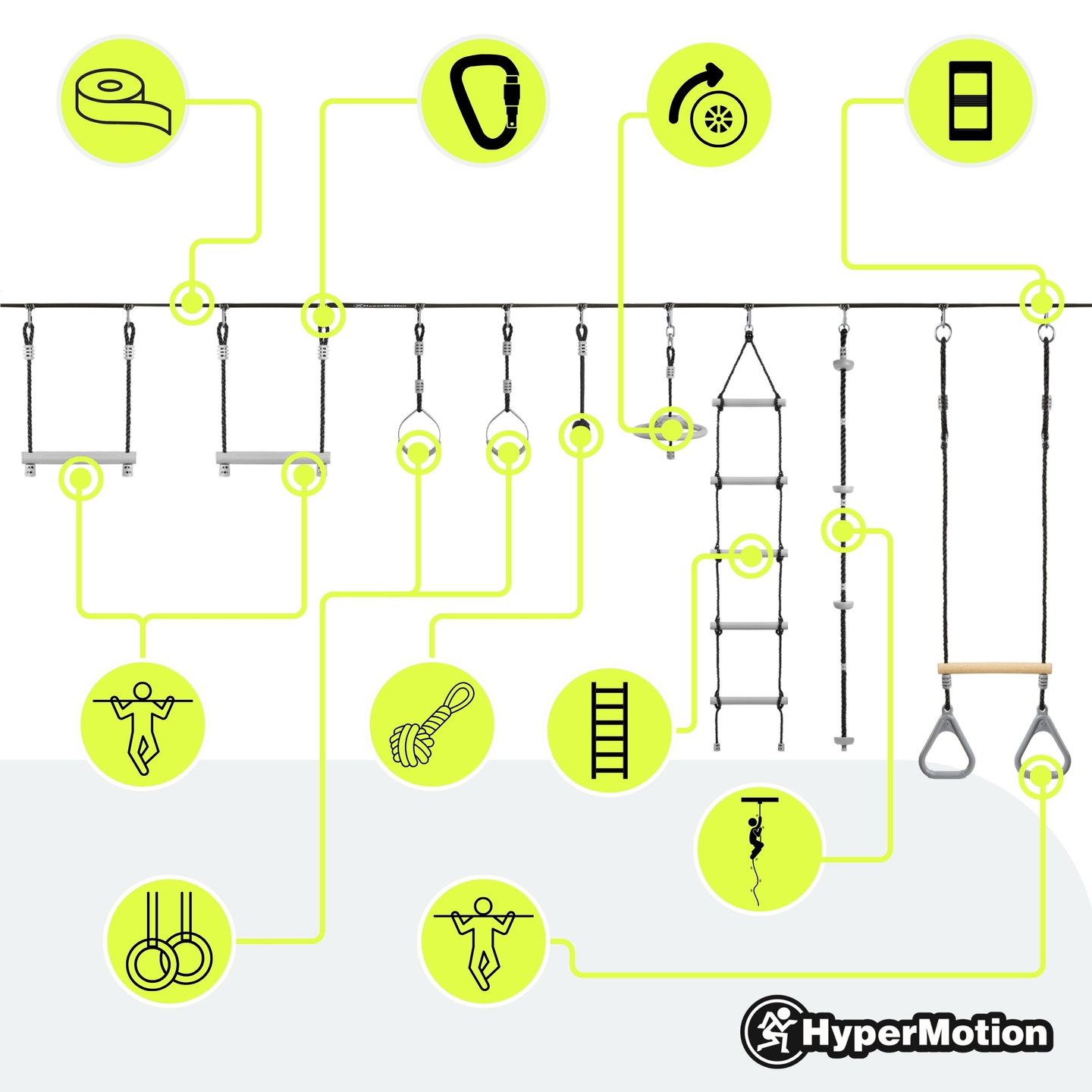 Cursă cu obstacole Ninja pentru copii - HyperMotion slackline set - 9 obstacole