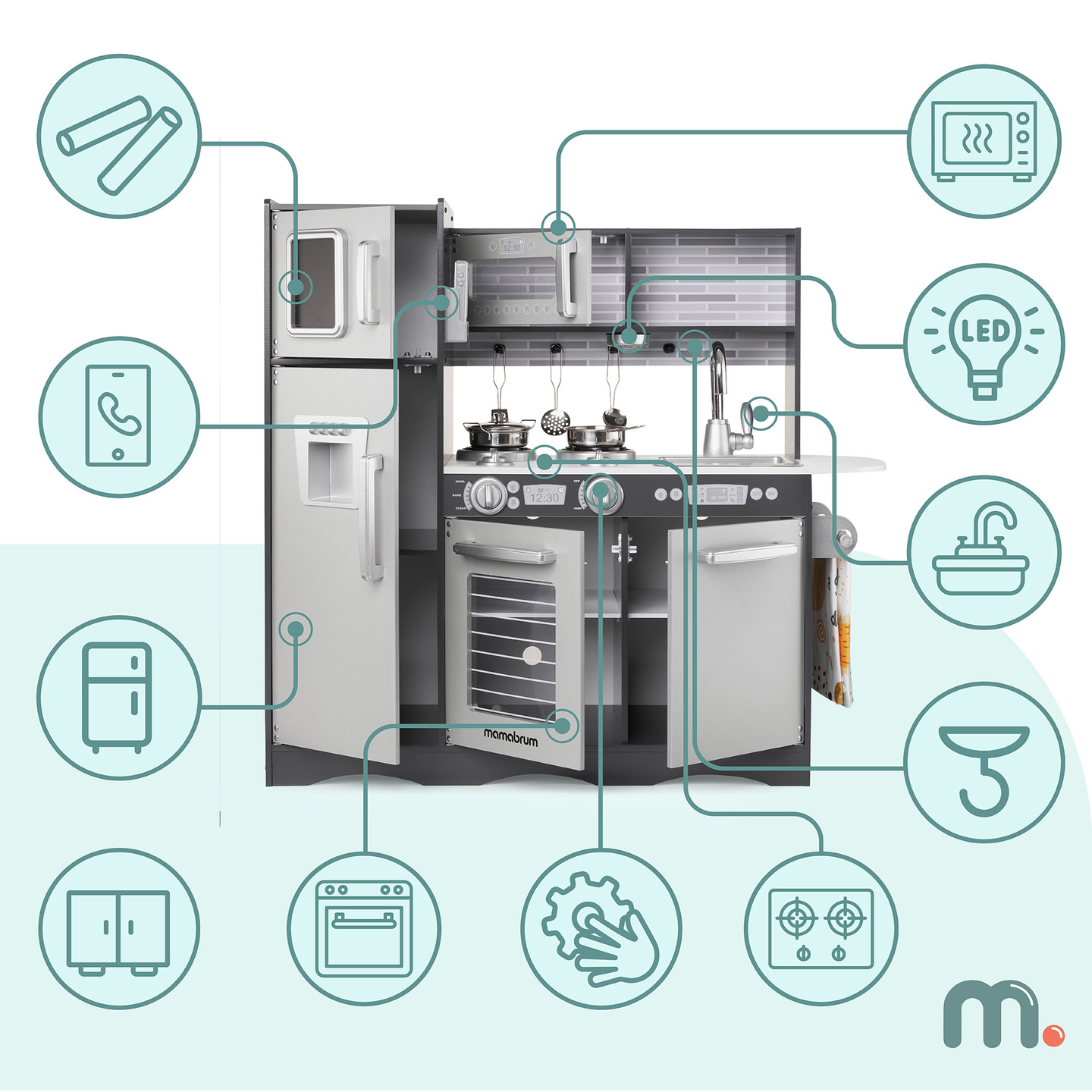 Bucătărie XXL din lemn cu iluminare LED, șorț și accesorii