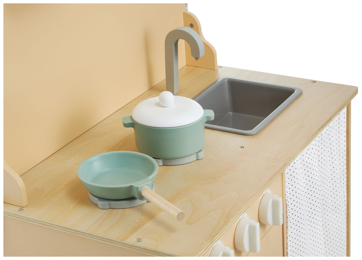 Bucătărie din lemn cu șorț, accesorii și iluminat cu LED-uri