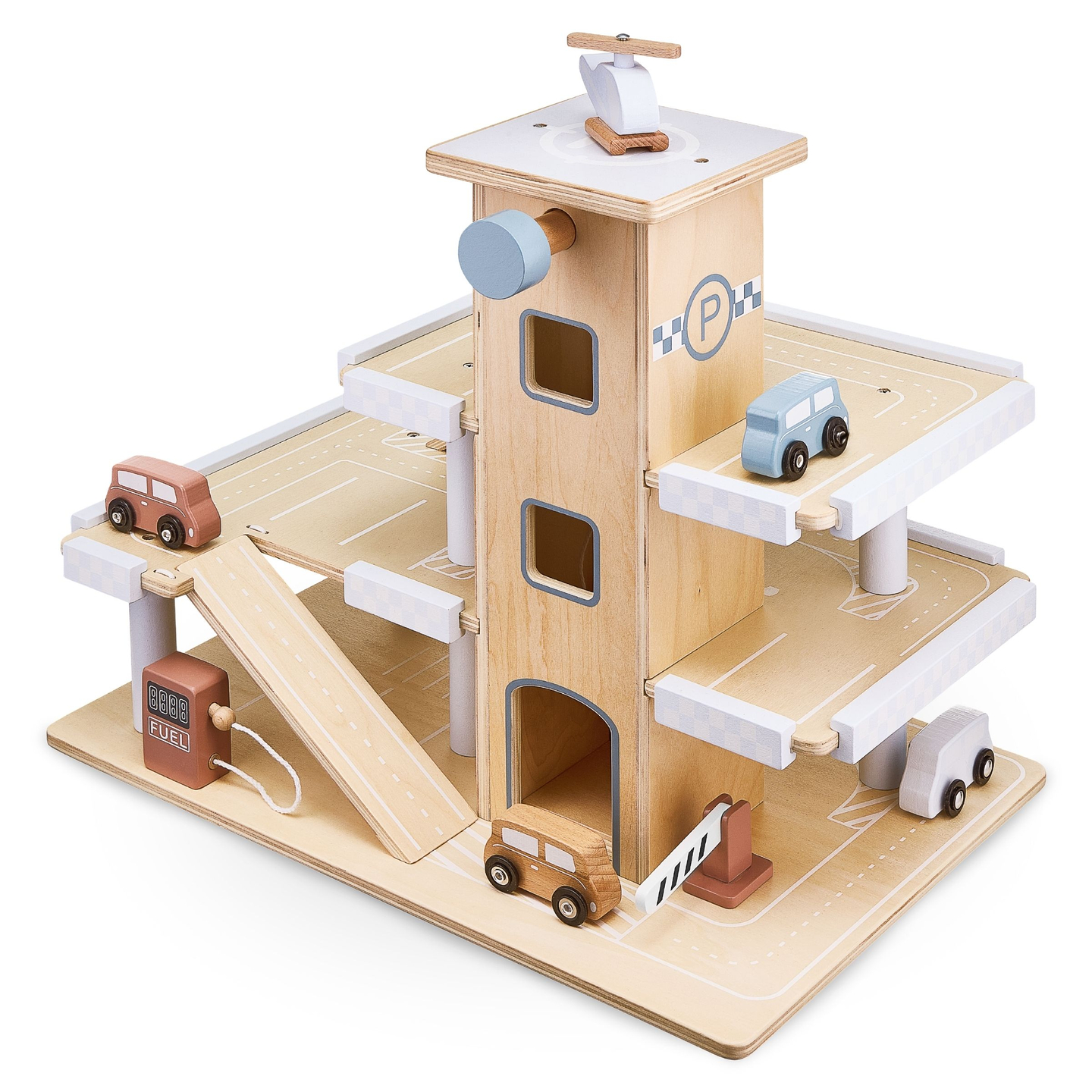 Parcare din lemn pe trei etaje cu lift - garaj cu mașini și elicopter