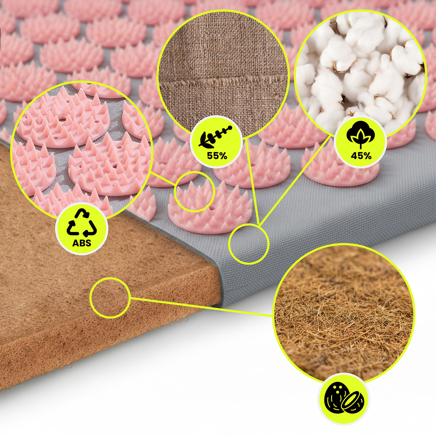 Saltea de presopunctură ECO din in cu fibră de cocos și pernă de hrișcă – 68 cm HyperMotion gri și roz