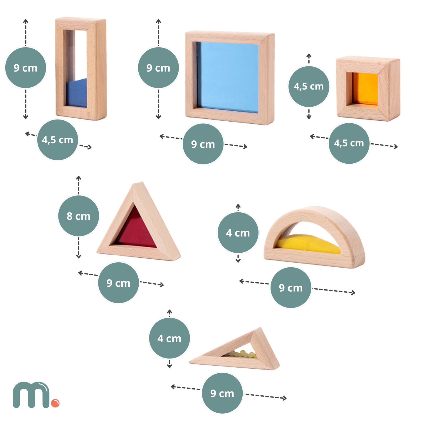 Set de blocuri senzoriale din lemn cu umpluturi diferite - 15 bucăți