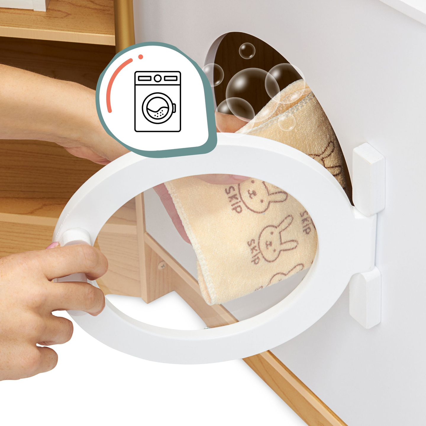 XXXXL bucătărie interactivă mare din lemn cu iluminare LED, mașină de spălat, mașină de cafea cu microunde și set de fructe și legume - 50 de elemente