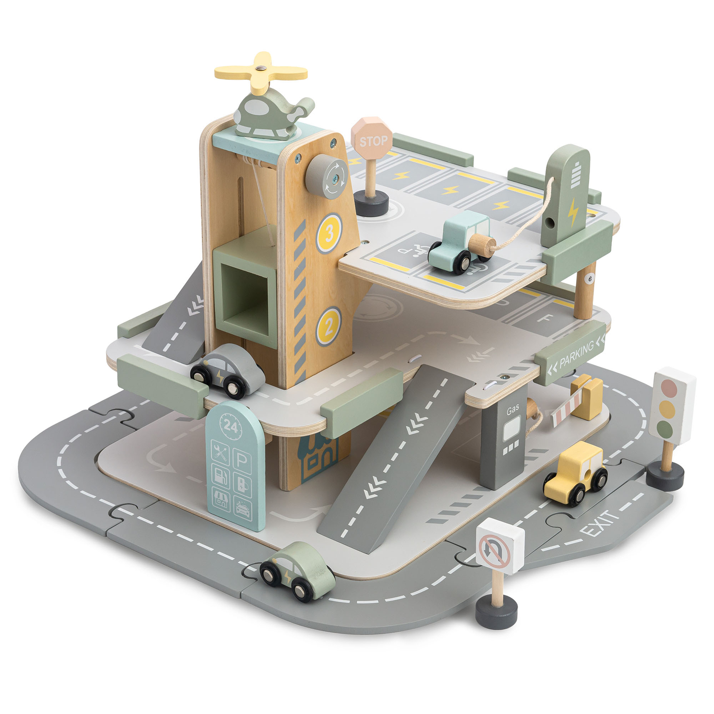 Garaj din lemn, cu trei etaje, pentru copii, cu accesorii - parcare, benzinărie, spălătorie auto, elicopter