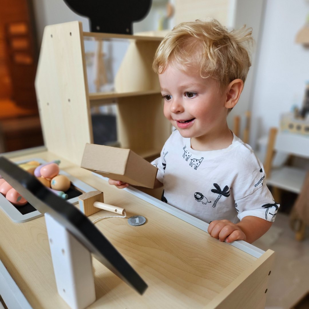 Piață de legume din lemn - tarabă mare XXL, magazin cu casă de marcat