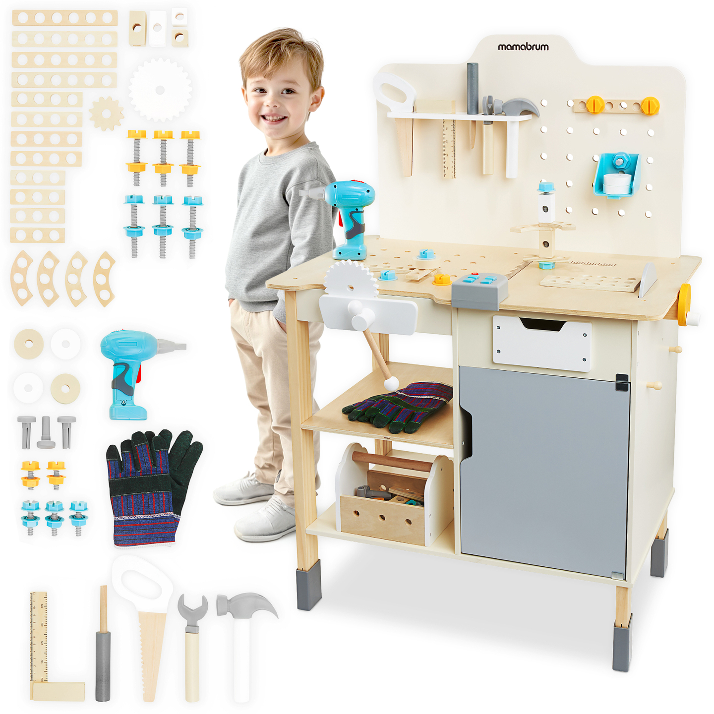XXL Atelier mare din lemn cu unelte - set de bricolaj, 74 de elemente