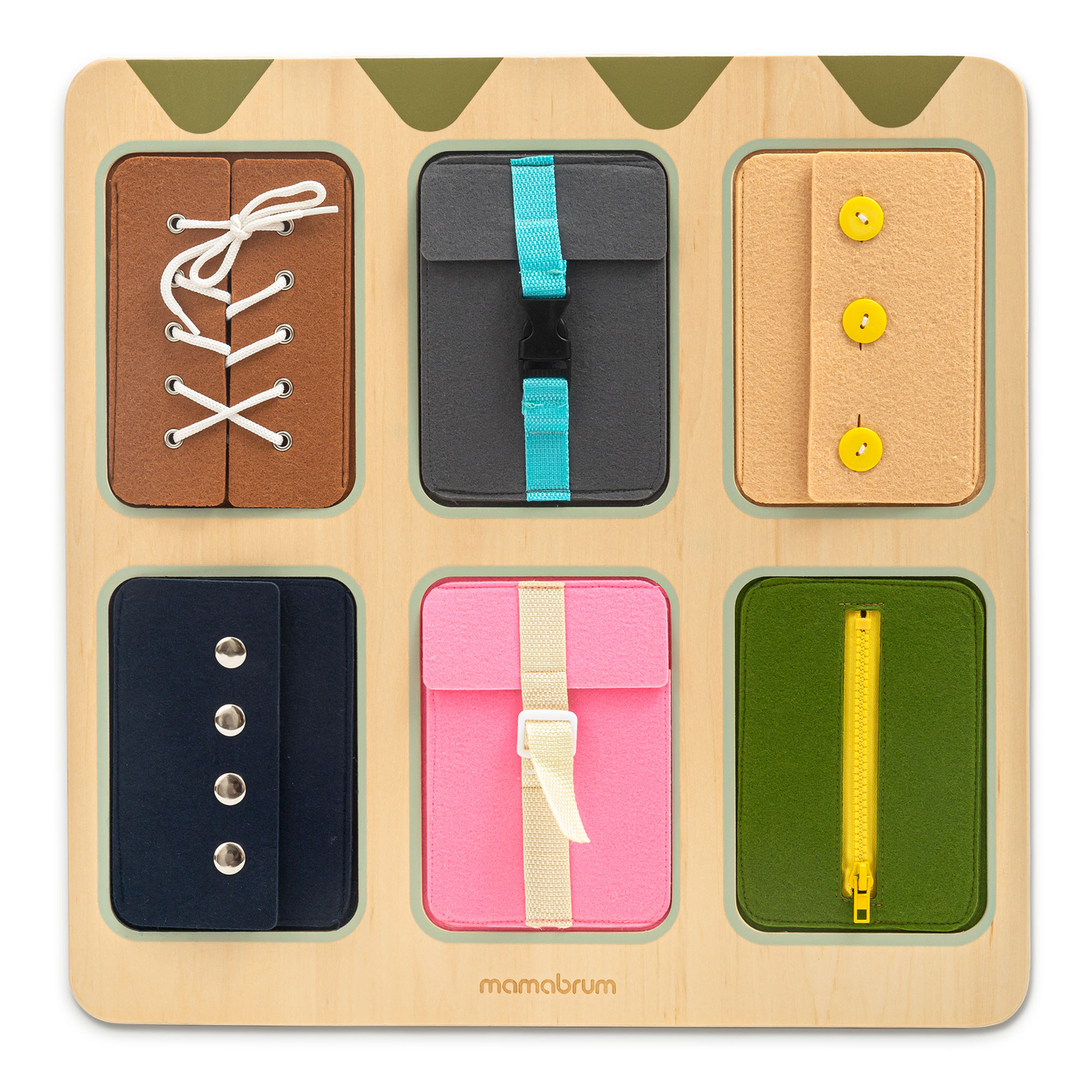 Tablă manipulativă Montessori din lemn – Învățarea senzorială a independenței - șireturi, catarame, nasturi, capse, fermoar