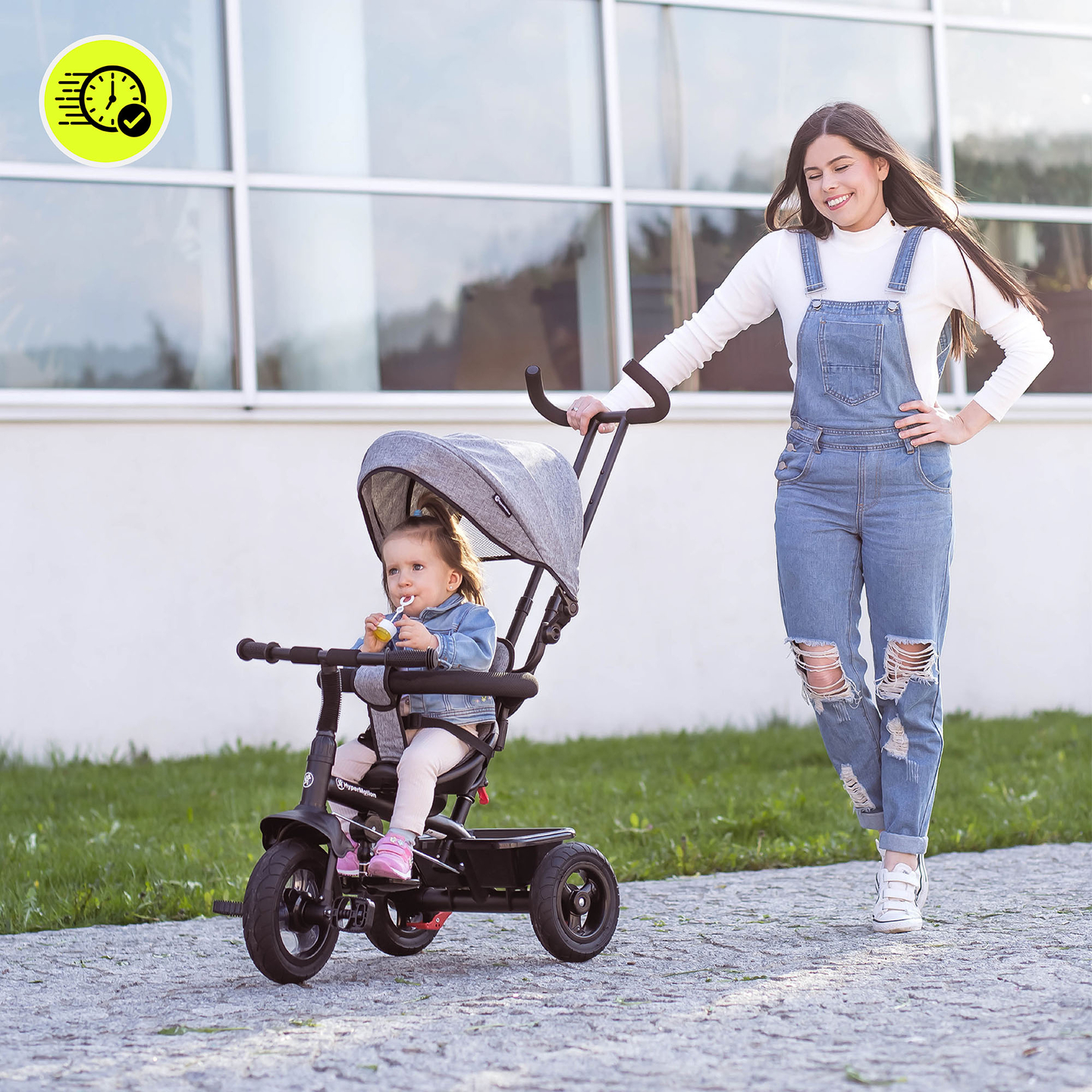 Tricicletă pentru copii 1-4 ani - TOBI FREY - culoare gri - roți pivotante - roți cu pompă + împingător