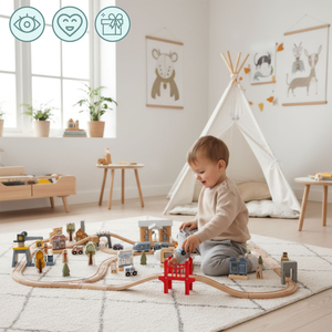 Cale ferată urbană din lemn cu tren electric - macara în mișcare, navă, poduri