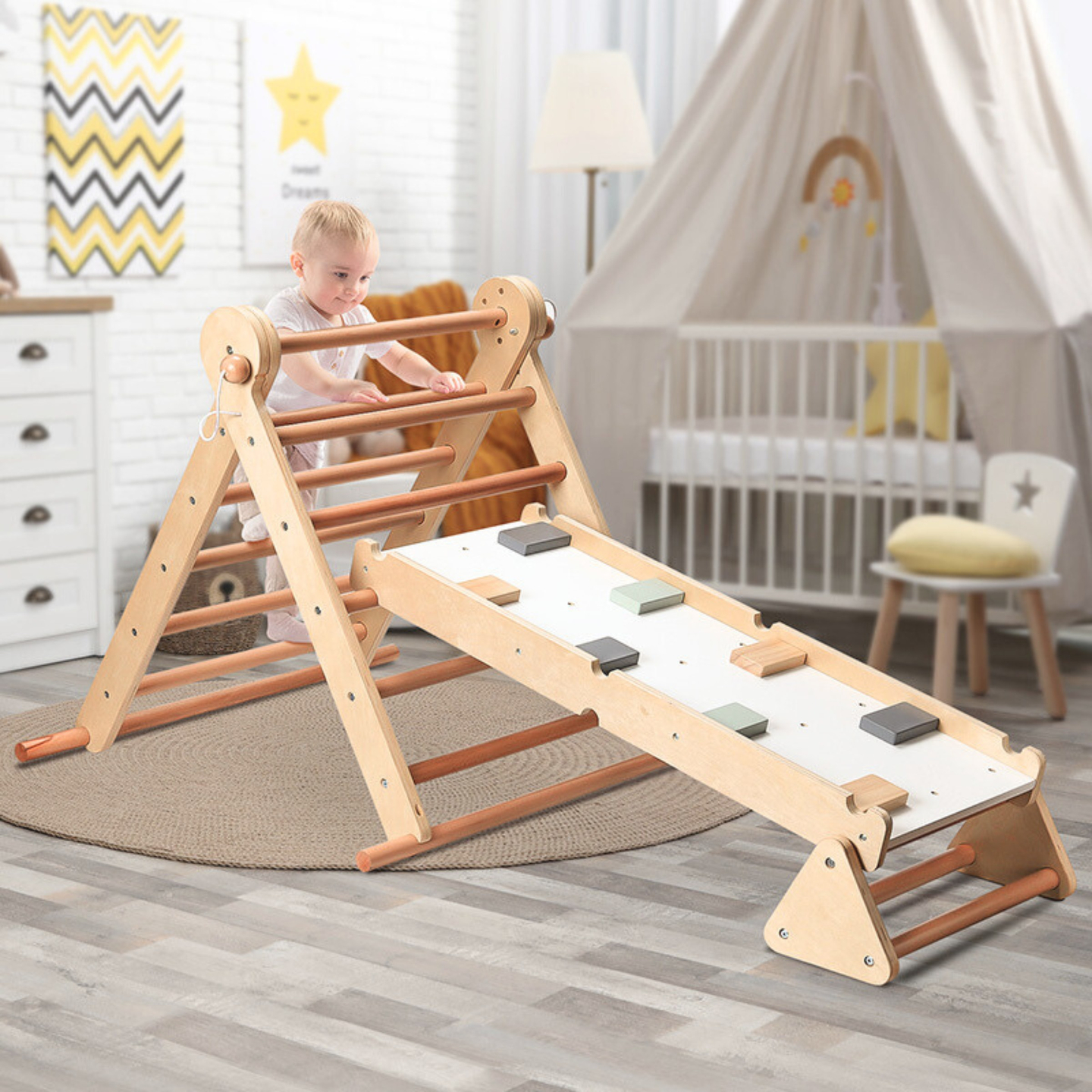 Loc de joacă pentru copii din lemn, făcut în casă - scară + perete de cățărat + bârnă de echilibru - triunghiul lui Pikler