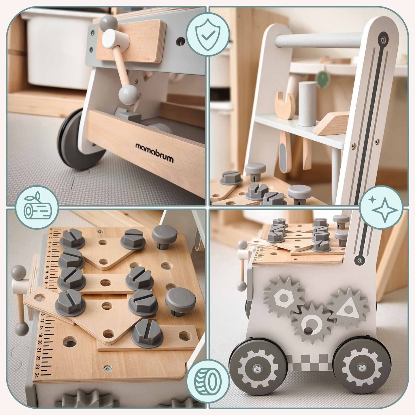 3 în 1: umblător din lemn, împingător + atelier - 47 de elemente