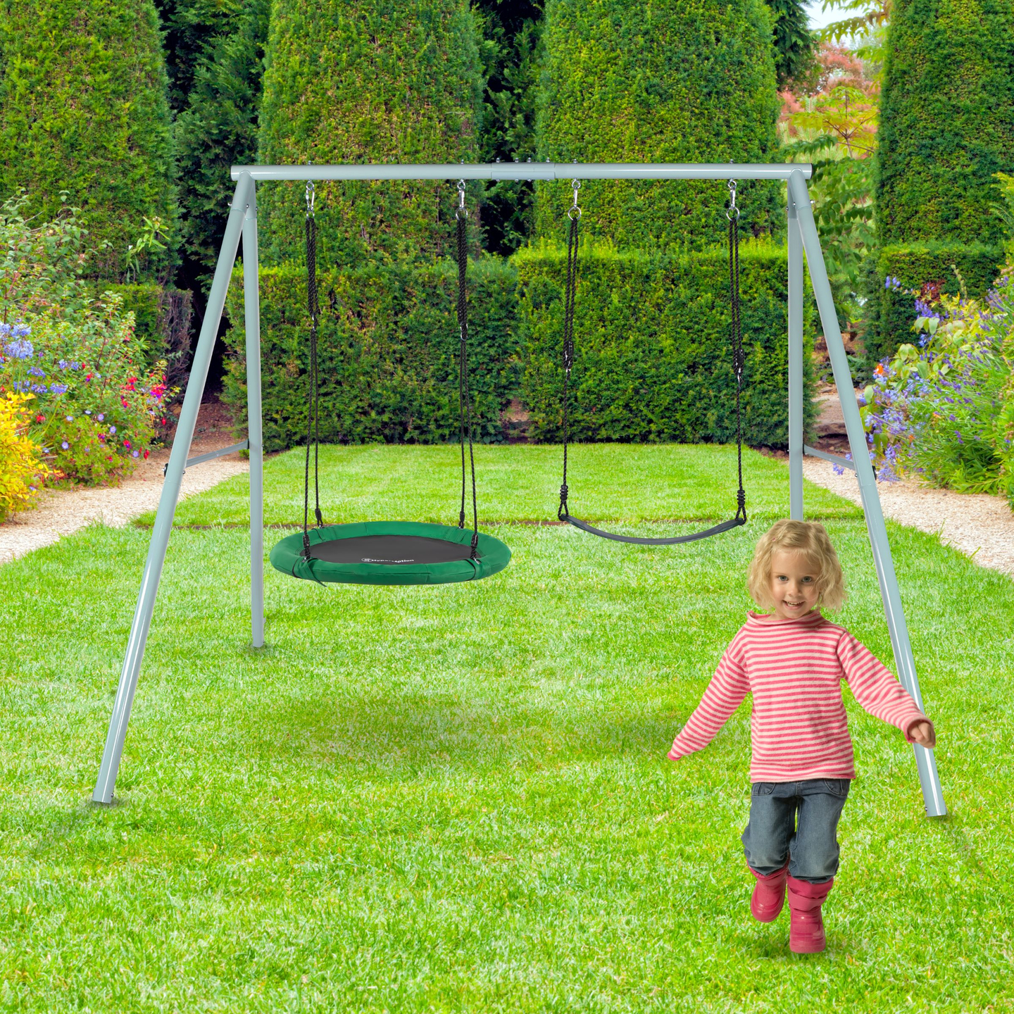 Leagăn dublu de grădină cu cadru și frânghii - scaun și cuib de barză