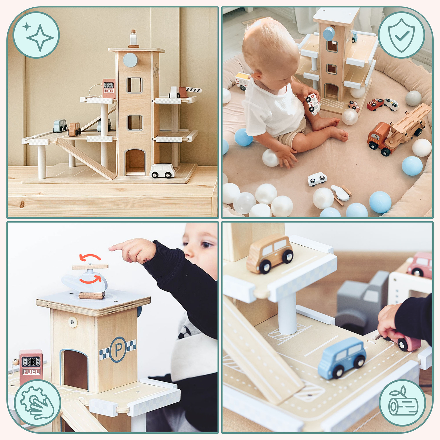 Parcare din lemn pe trei etaje cu lift - garaj cu mașini și elicopter