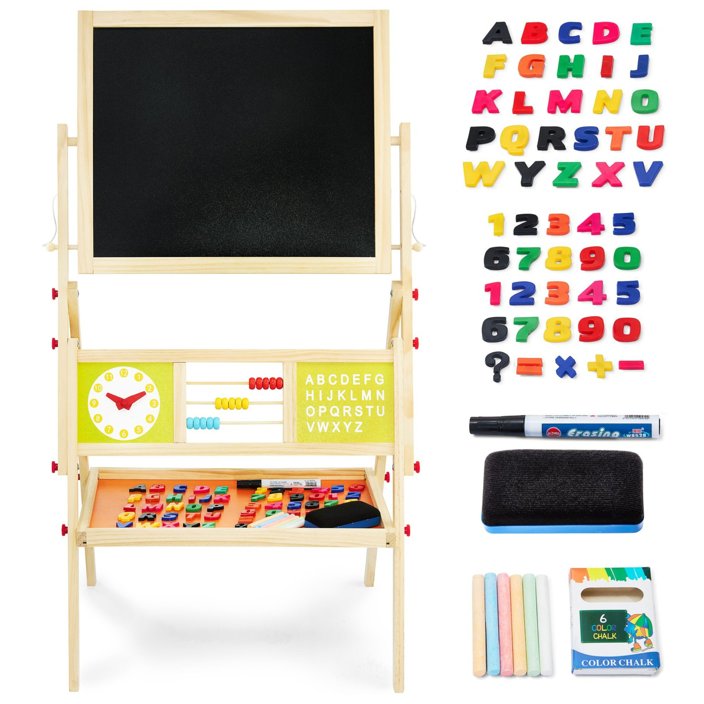 Tablă educațională mare cu două fețe: magnetică și tablă cu cretă - tablă cu ștergere uscată, din lemn