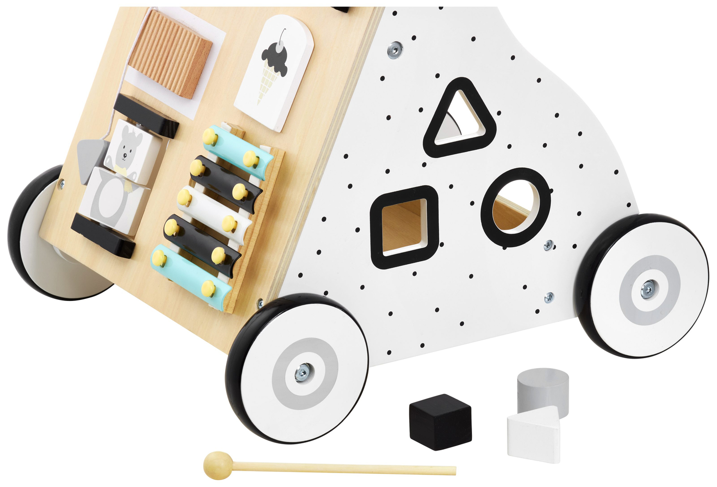 Plimbător / cărucior pentru copii din lemn, educațional - planșă de manipulare