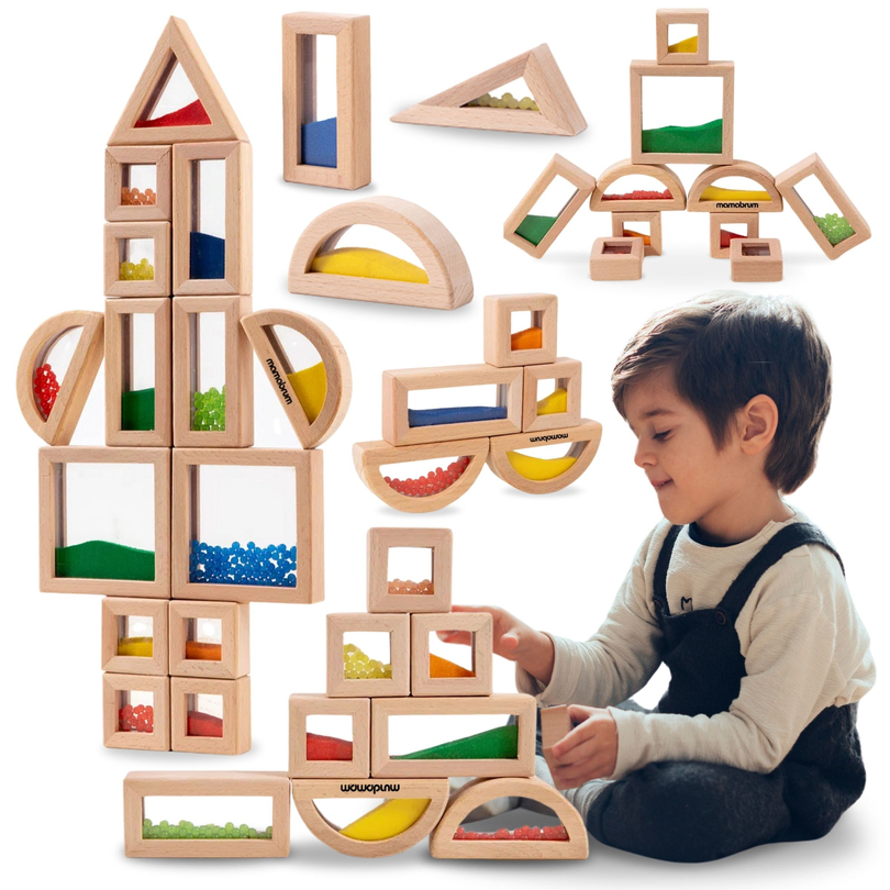 Set de blocuri senzoriale din lemn cu umpluturi diferite - 15 bucăți