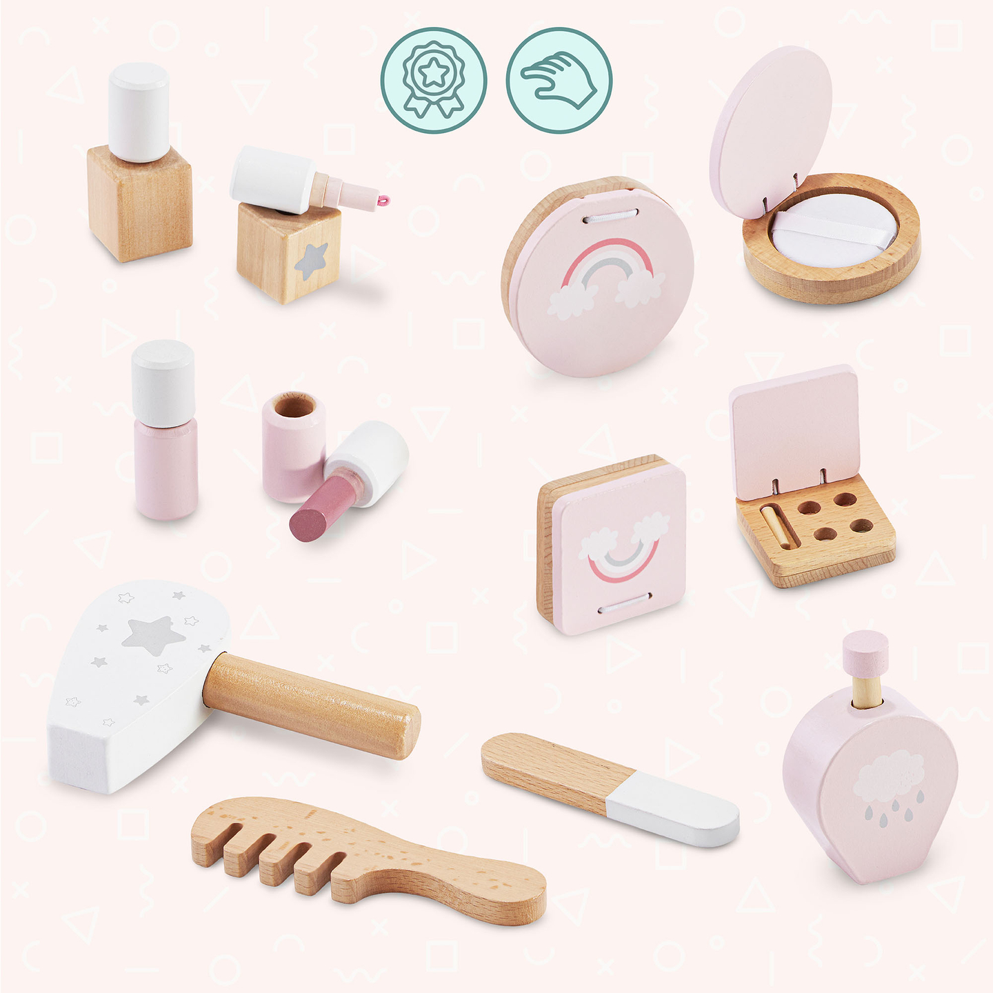 Masă de toaletă din lemn pentru copii cu iluminare LED cu reglare lină a luminozității, scaun și accesorii