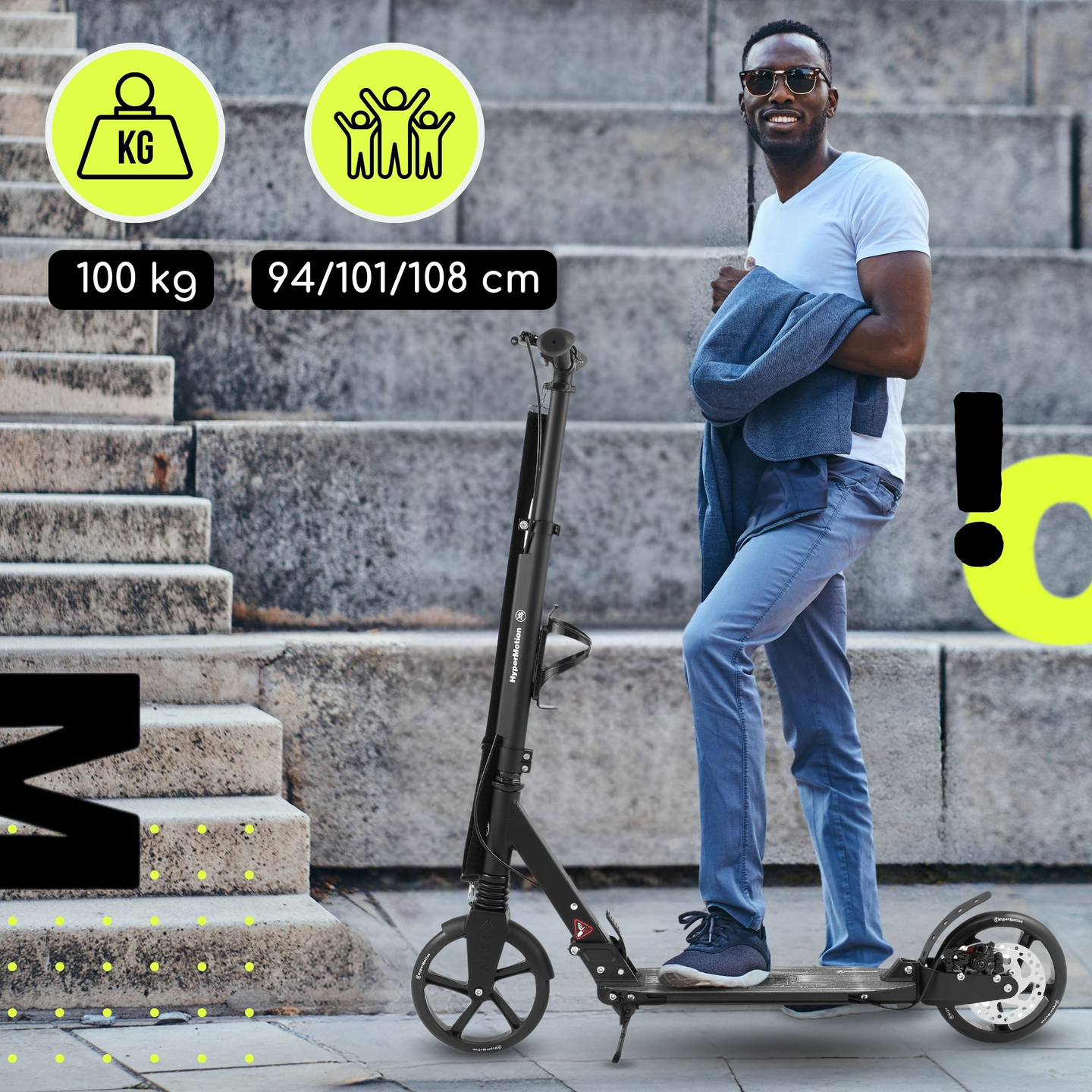 Scuter cu două roți pentru tineri adulți - cu amortizor - HyperMotion Skyline - negru, aluminiu - 100kg