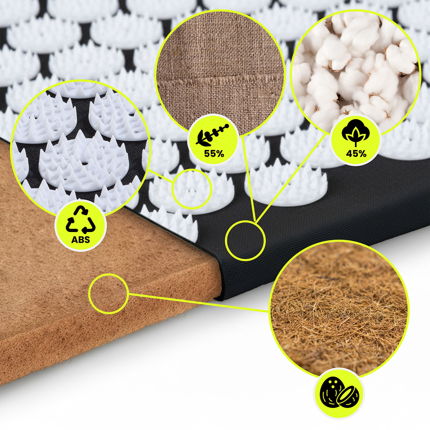 Saltea de presopunctură ECO din in cu fibră de cocos și pernă de hrișcă – 68 cm HyperMotion alb-negru