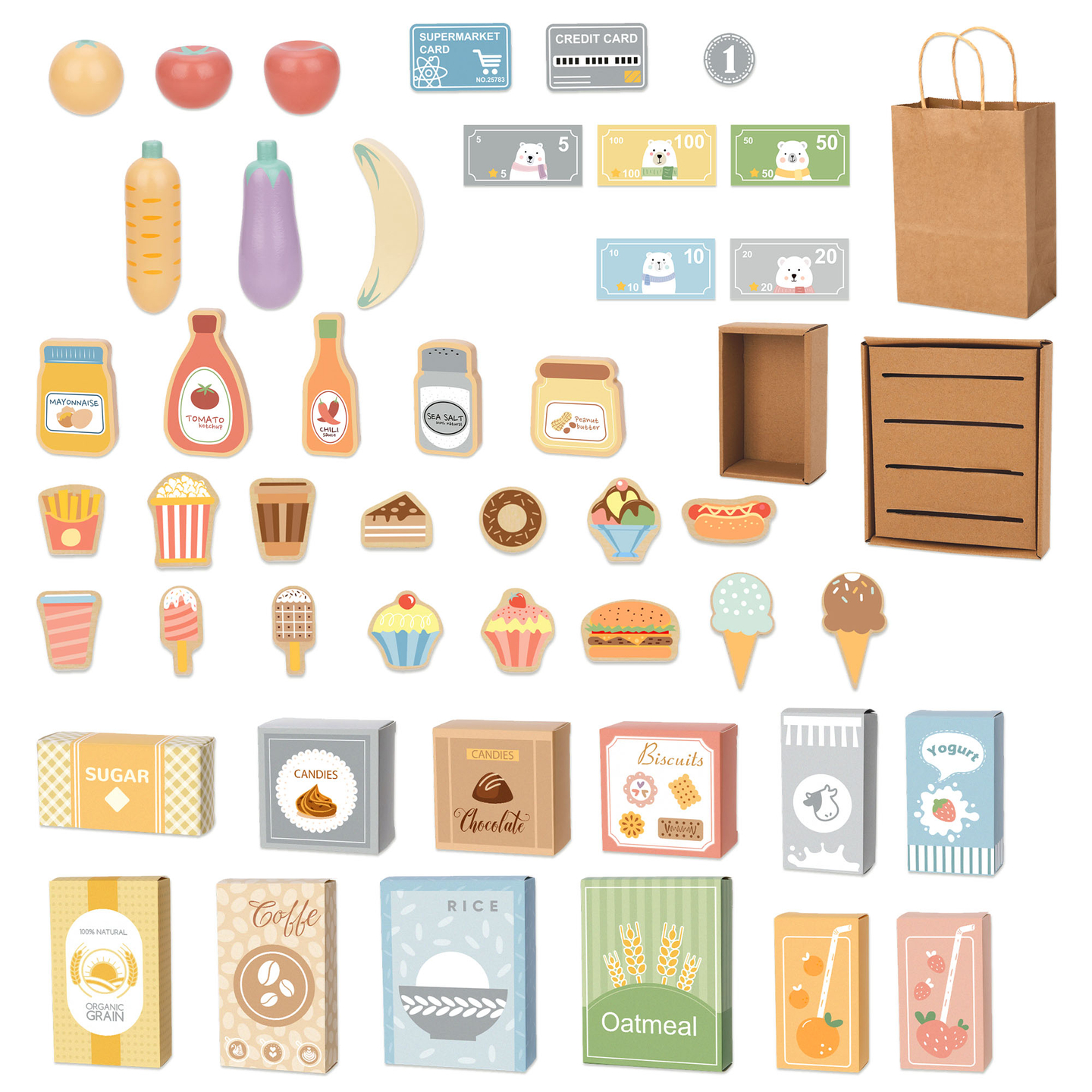 Magazin mare din lemn pentru copii cu tablă - 91 de piese pentru distracție la cumpărături!