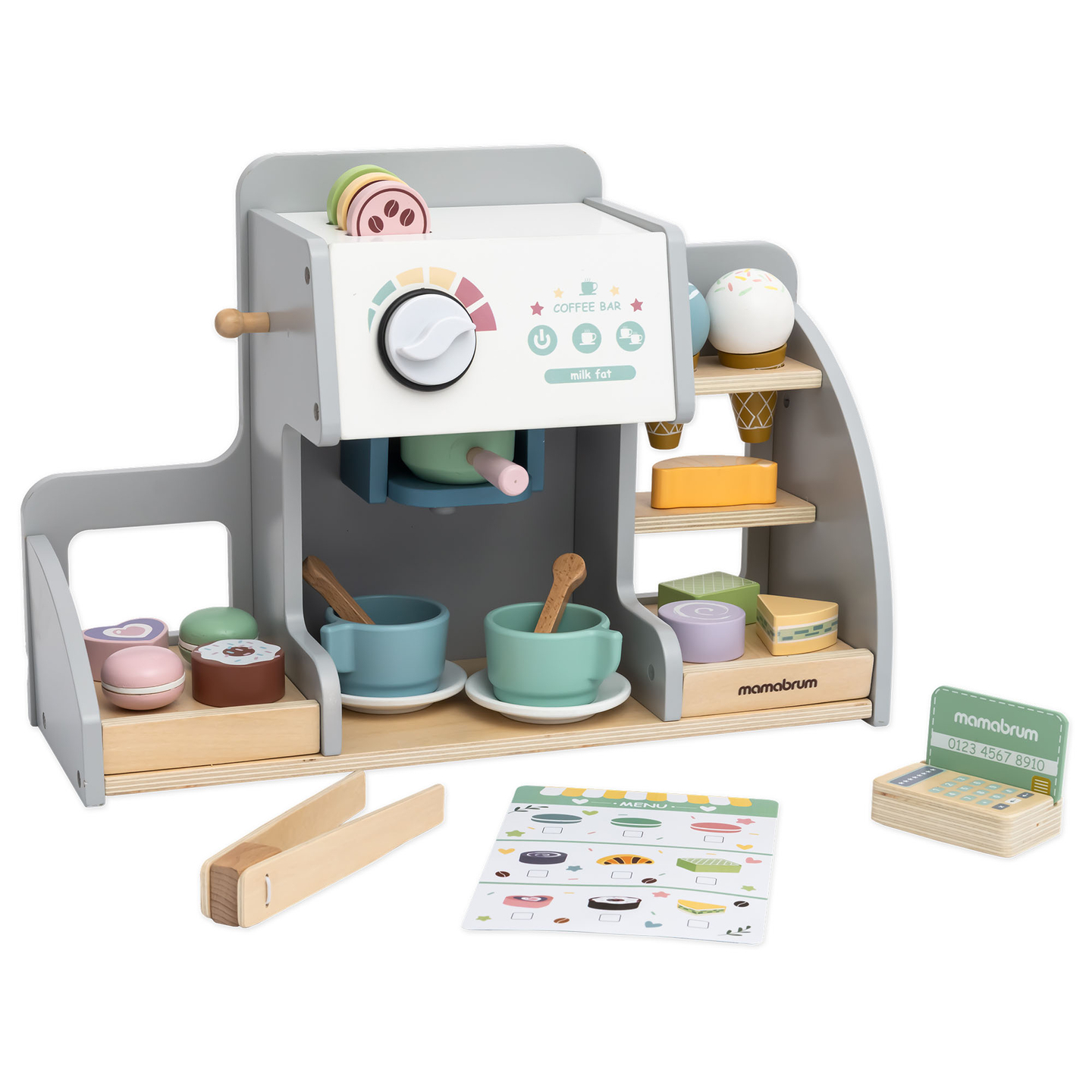 Un salon mare de înghețată din lemn cu tablă magnetică, aparat de cafea și set de înghețată și deserturi - peste 70 de piese!