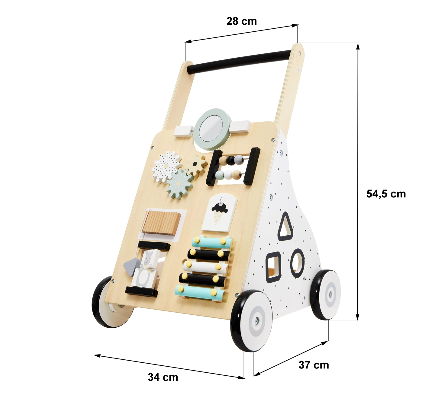 Plimbător / cărucior pentru copii din lemn, educațional - planșă de manipulare