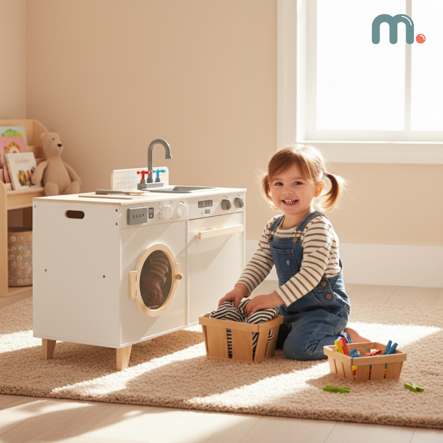Spălătorie și bucătărie din lemn - set de casă 2 în 1 pentru copii