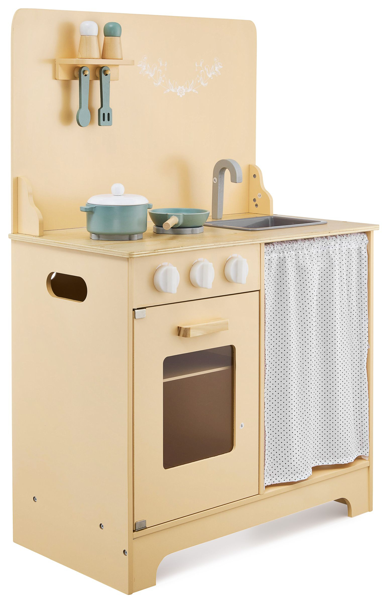 Bucătărie din lemn cu șorț, accesorii și iluminat cu LED-uri