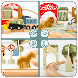 Trenuleț din lemn pentru grădina zoologică – puzzle, tren, șine, animale, pod, barieră