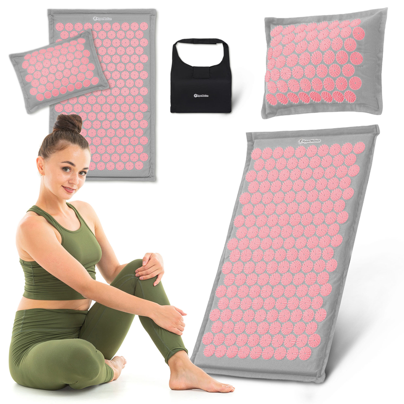 Saltea de presopunctură ECO din in cu fibră de cocos și pernă de hrișcă – 68 cm HyperMotion gri și roz