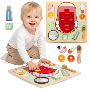 Tablă educațională Montessori din lemn pentru micul dentist - periuță de dinți, pastă de dinți, dinți detașabili, oglindă, mâncare, arome didactice