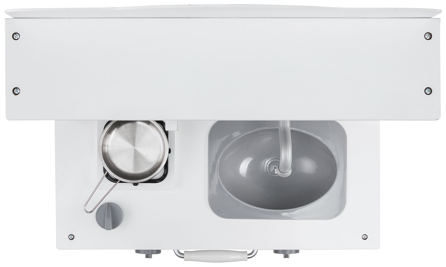 Bucătărie albă din lemn cu șorț, accesorii și lampă LED