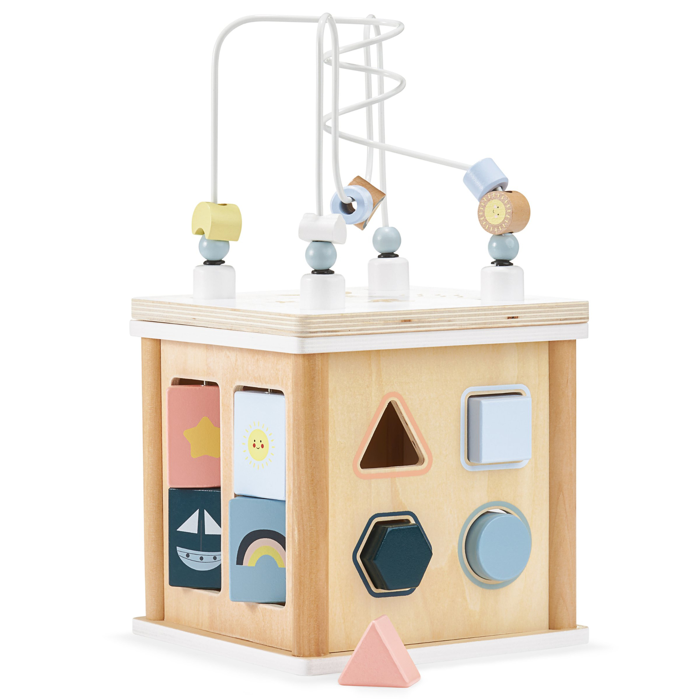 Cub educațional din lemn cu împletituri - sortator de forme