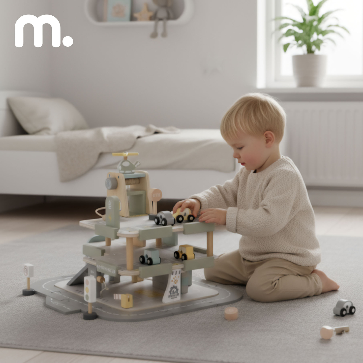 Garaj din lemn, cu trei etaje, pentru copii, cu accesorii - parcare, benzinărie, spălătorie auto, elicopter