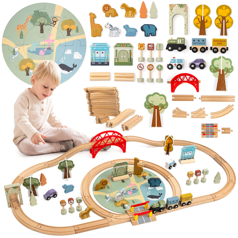 Trenuleț din lemn pentru grădina zoologică – puzzle, tren, șine, animale, pod, barieră