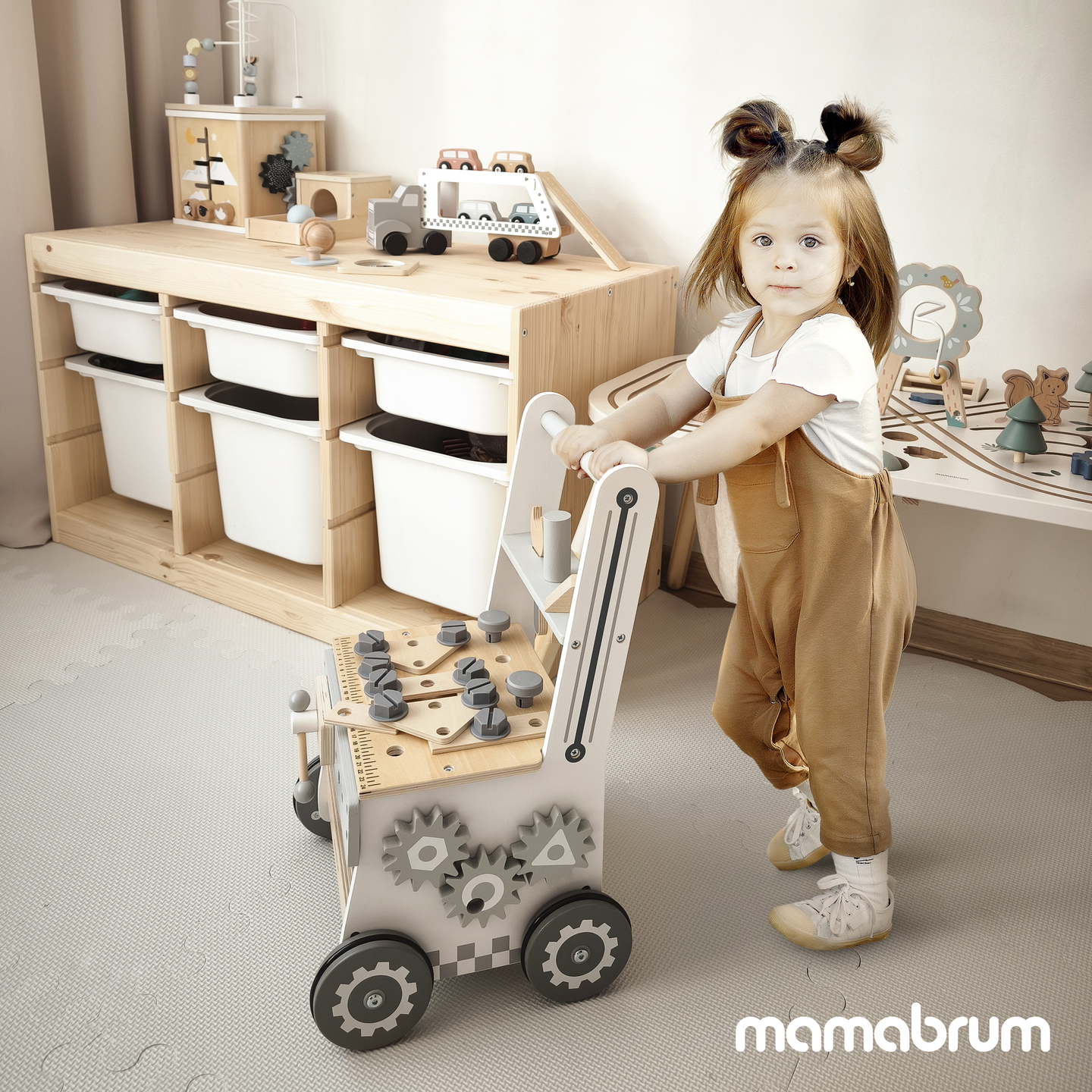 3 în 1: umblător din lemn, împingător + atelier - 47 de elemente