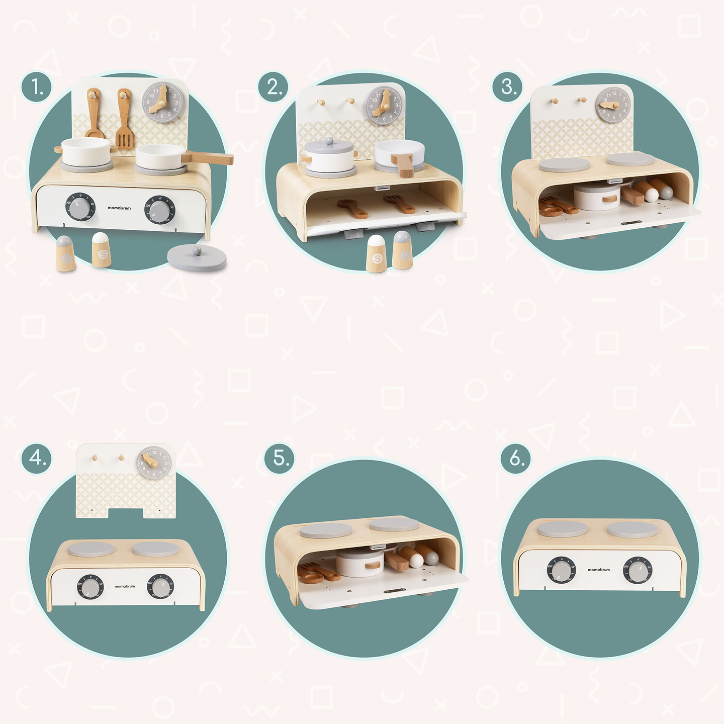 Bucătărie pliabilă din lemn Mamabrum pentru copii - Set cu oale, accesorii de bucătărie și depozitare