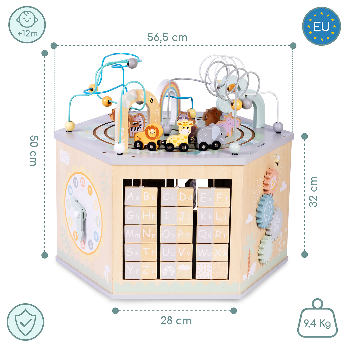 Cub educațional mare din lemn - o jucărie Montessori cu trenuleț magnetic și bucle motorii