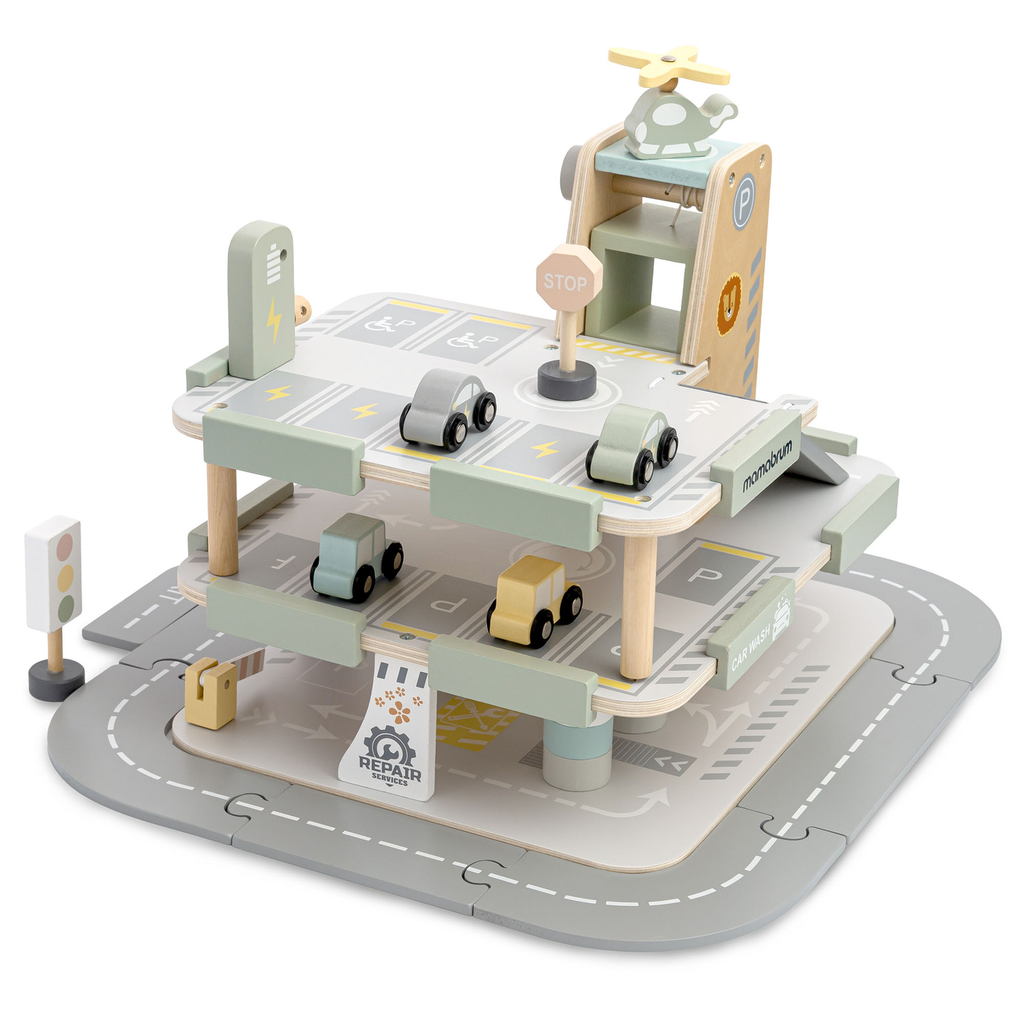 Garaj din lemn, cu trei etaje, pentru copii, cu accesorii - parcare, benzinărie, spălătorie auto, elicopter